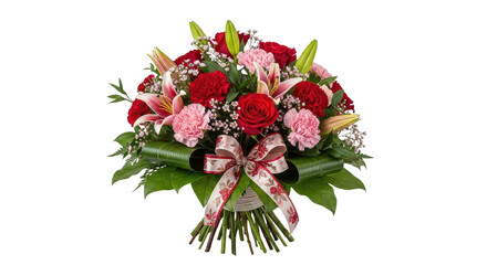 Obraz premium Vibrant red roses, pink carnations, and stargazer lilies bouquet with decorative ribbon, isolated PNG with Transparent Background