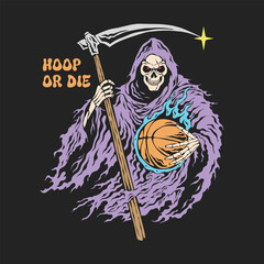 Vintage grim reaper illustration holding a basketball, bold retro style vector. Perfect for t shirt and merchandise designs. Fully editable colors and fonts.