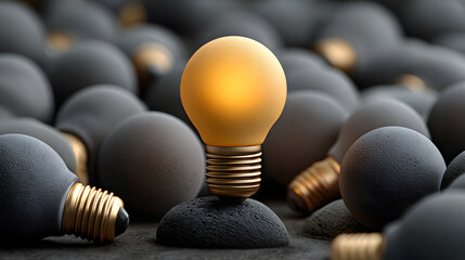 ingle illuminated light bulb glowing warm gold among dark grey bulbs in a studio scene, showing one creative mind leading others today, visual metaphor of innovation