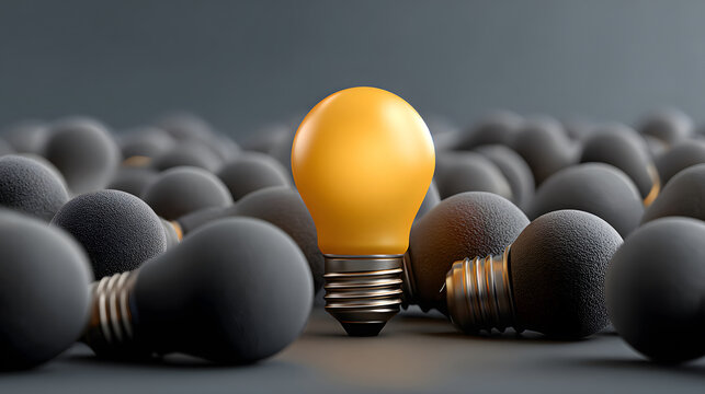 ingle illuminated light bulb glowing warm gold among dark grey bulbs in a studio scene, showing one creative mind leading others today, visual metaphor of innovation