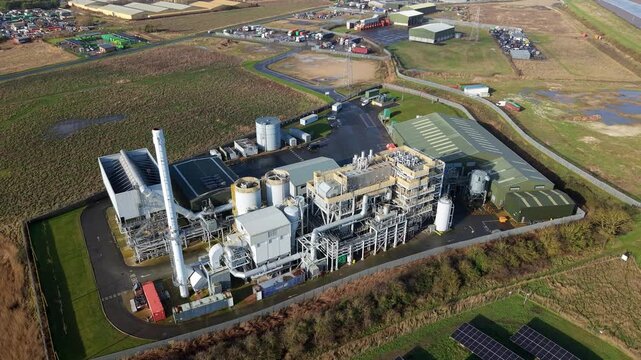 Aerial drone view of Boston biomass power plant in Lincolnshire UK generating renewable energy from waste wood through advanced gasification.