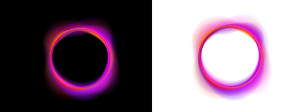 Neon colored ellipse presents radiant waves and blended tonal layers. Futuristic round shape suggests motion. PNG element isolated on white background.
