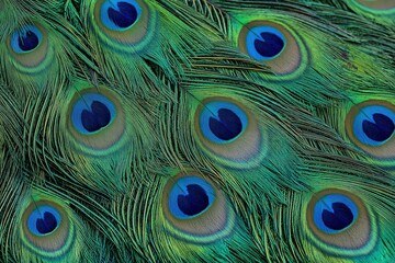 Obraz premium Close-up of vibrant peacock feathers with symmetrical green and blue eye patterns, showcasing elegant plumage texture and detailed natural design for artistic or decorative themes.