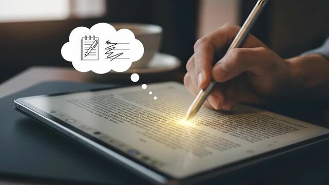 signing digital document on tablet with stylus in calm setting