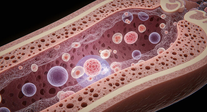 Microscopic view of bone marrow with stem cells and blood cells