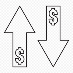 Cost increase and decrease vector icon set showing profit and loss symbols, dollar growth and decline icons, investment and savings graphics, modern finance illustration and transparent png for apps. 
