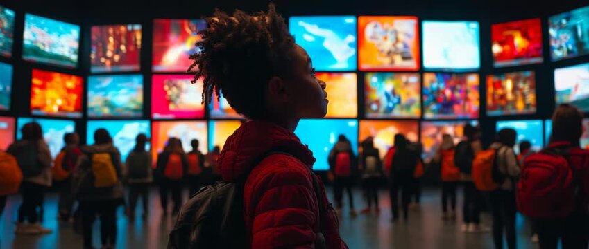 Solo traveler with a backpack looking intently at a large wall of glowing digital screens displaying abstract vivid colors in a modern interactive exhibit with other observers