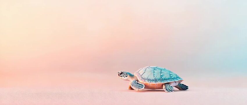 A miniature blue turtle with an orange body moves slowly across a delicate pink and blue background for a solo adventure