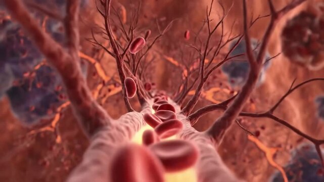 Detailed microscopic view of red blood cells flowing through a capillary network within human tissue showcasing circulatory system biology and medical science concepts