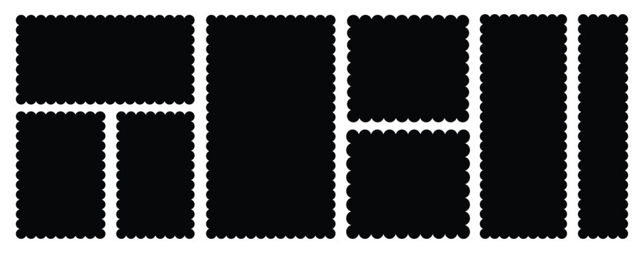 postage stamps set. Black post stamp frames and borders. Rectangle, square template for mail, postcard, letter, note. Vector illustration.
