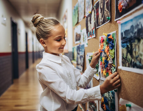 Dziewczynka z dumą prezentująca swoją pracę plastyczną wiszącą w szkole na tablicy korkowej