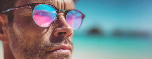 Close up portrait of a man wearing sunglasses with pink and blue lenses at a tropical beach island, captured during summer travel season to show modern lifestyle, vacation mood