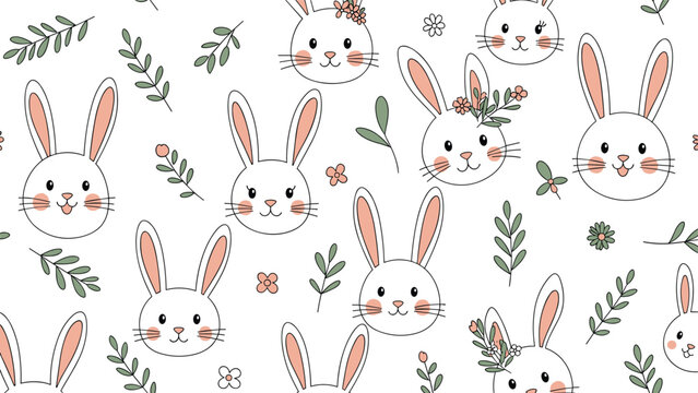 Lovely seamless pattern with white bunny heads, green leafy branches, and small flowers on a white background for baby products.
