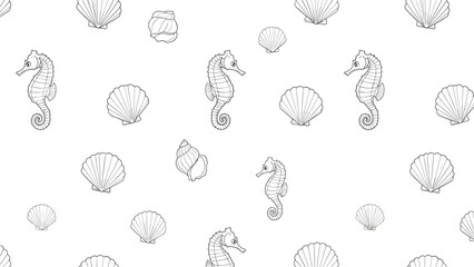 Fototapeta premium Marine themed seamless pattern featuring seahorses and various types of seashells in black line art on a white background for ocean lovers.