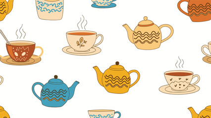 Cozy tea time seamless pattern showing various teapots and teacups with rising steam on a white background in a hand drawn artistic style.