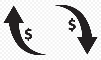 Money increase or decrease black icon set. dollar decrease increase symbol. Price, sale, rate or profit going up or down symbol with arrow and dollar sign on transparent background. EPS 10.