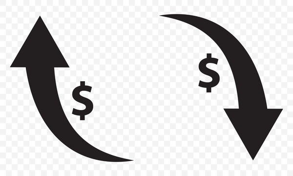 Money increase or decrease black icon set. dollar decrease increase symbol. Price, sale, rate or profit going up or down symbol with arrow and dollar sign on transparent background. EPS 10.