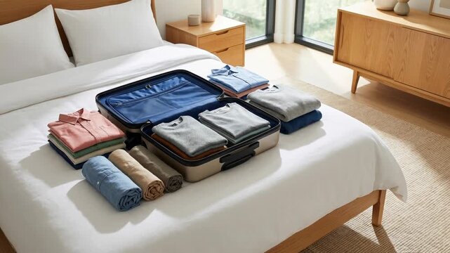 Open suitcase on a bed neatly packed with folded clothes for a trip. Travel preparation and packing luggage concept in a modern bedroom
