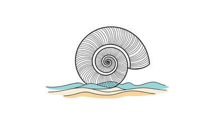 Obraz premium Spiral seashell illustration sitting on a sandy beach with stylized blue ocean waves against a plain white background.