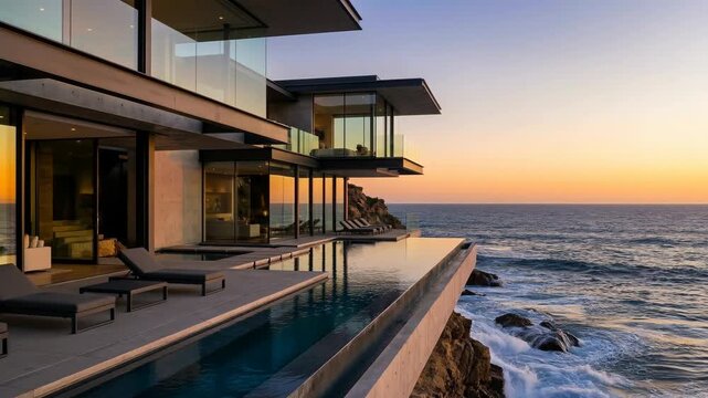 Modern luxury mansion on a cliff with infinity pool at sunset. Contemporary glass house architecture overlooking the ocean waves. High-end real estate concept