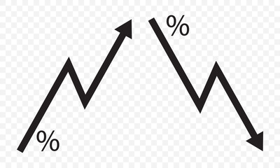 Growth icon set. Containing arrow up, growing graph, business chart icons. Vector illustration. Black downward trend arrow and upward trend arrow on transparent background. EPS 10.