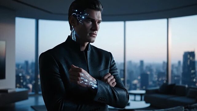 Sophisticated male post-human individual with glowing blue neural interface on temple and arm standing in a luxury high-rise penthouse at dusk, generative AI.