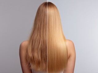 Naklejka premium Female hair transformations: before and after view of caucasian young woman with long blond hair