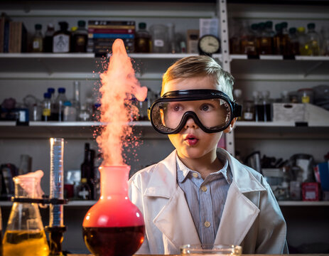 Mały naukowiec w za dużych goglach ochronnych, patrzący z niedowierzaniem na wybuchającą substancję w szklanej kolbie lub innym szklanym naczyniu