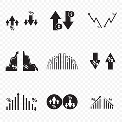 Set of Increase and decrease icon set showing business growth and decline graph symbols, clean vector illustration On Transparent Background. EPS 10.
