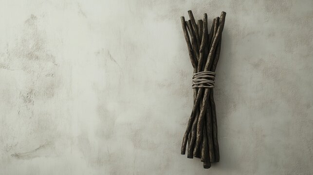 Compact natural object against neutral wall, Small bound stick arrangement on plain plaster backdrop, Minimalist decorative bundle of sticks with subtle texture on neutral interior background