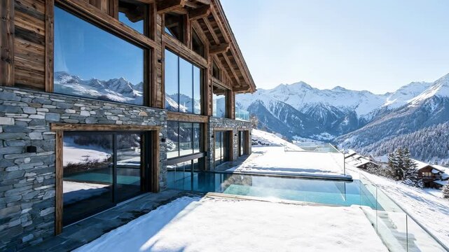 Luxury wooden chalet with glass infinity pool in snowy mountains. Modern alpine mansion architecture with panoramic view. Winter ski resort real estate