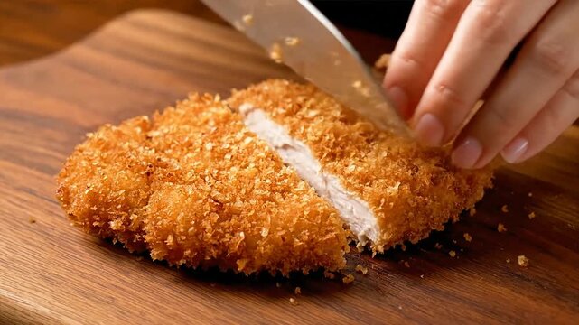 A close-up shot of a golden-brown crispy breaded cutlet being sliced on a wooden cutting board, revealing its tender white interior.
