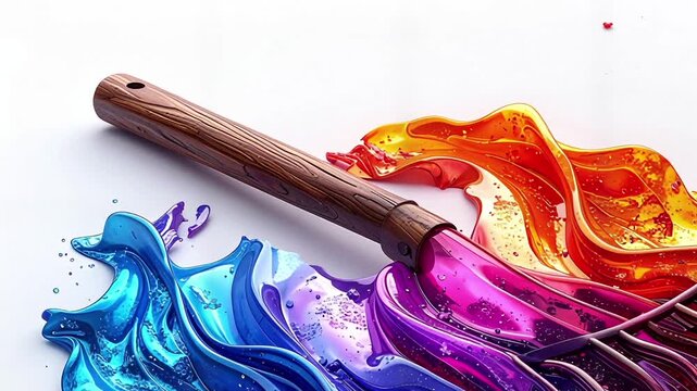 Rake Mixing Rainbow Paints on White Surface.