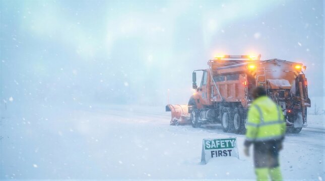 Safety protocol for winter service worker in snowstorm clearing road with yellow plow truck. Concept of emergency snow removal