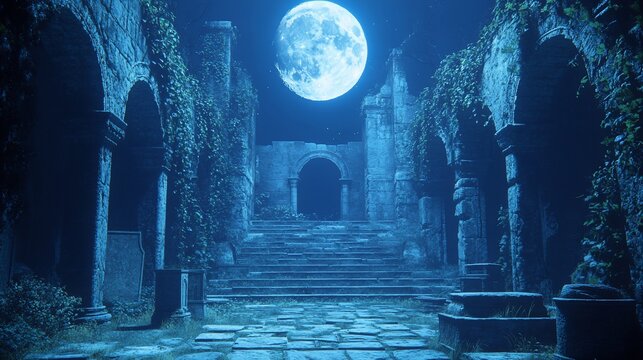 Moonlit Ruins Ivy-covered ancient stone steps, full moon background, fantasy game backdrop