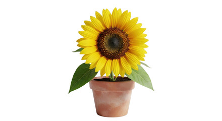 Obraz premium Bright yellow sunflower in terracotta pot with green leaves, isolated PNG with Transparent Background