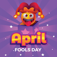 April Fools Day Greeting with Funny Emoji Jack-in-the-Box on Purple Background