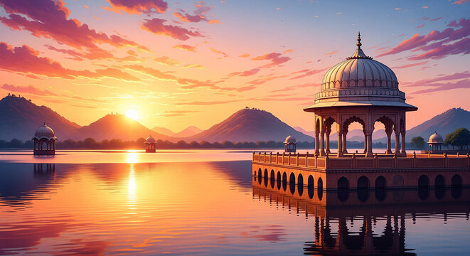 Watercolor illustration of lake in jaisalmer, rajasthan day background.