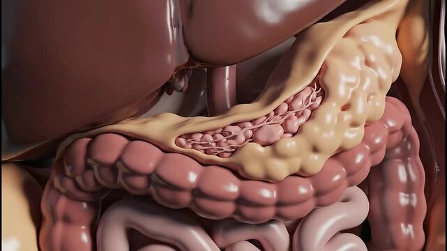 Anatomical illustration showcasing the human digestive system with a detailed view of the pancreas, liver, and intestines