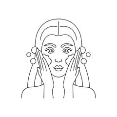 Washing face icon. Vector illustration of woman using cosmetic cleansing gel or foam. Editable stroke