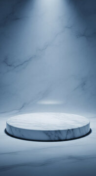 Vertical shot of round marble podium under light, presenting elegant texture, representing product display, or stage for presentation with free space