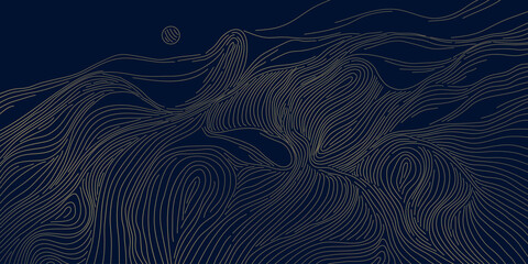 Minimalist luxury background, golden wave lines Japanese and Chinese landscape. Abstract vector illustration with dunes, mountains, flowing curves at sunrise or sunset, elegant poster, wallpaper.