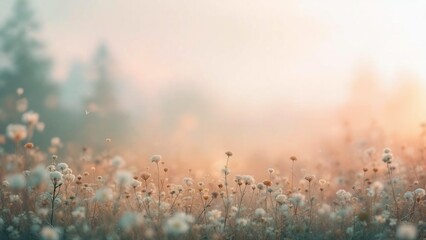 Soft wildflower meadow with dreamy pastel light, nature background.