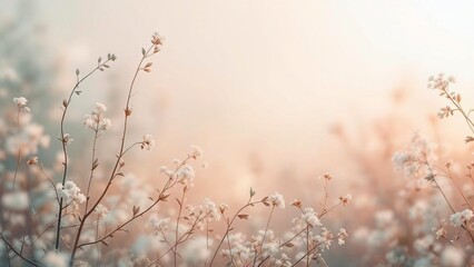 Delicate wildflowers in soft pastel meadow, dreamy floral nature background.