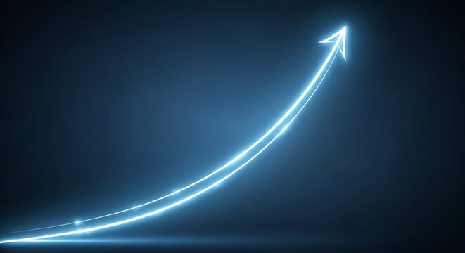 A glowing blue abstract arrow shape curving upwards on a dark background, symbolizing growth, success, progress, and positive financial trends.