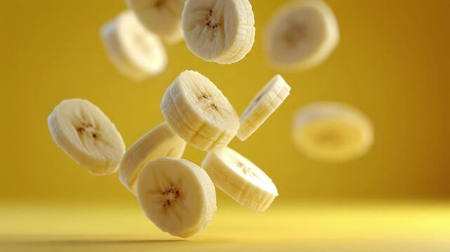 
Falling banana slices isolated on green screen background &ndash; healthy snack video
