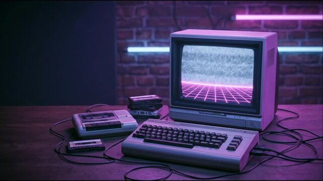 Retro computer setup with cassette player and grid on monitor, synthwave vaporwave aesthetic, 80s nostalgia for vintage technology
