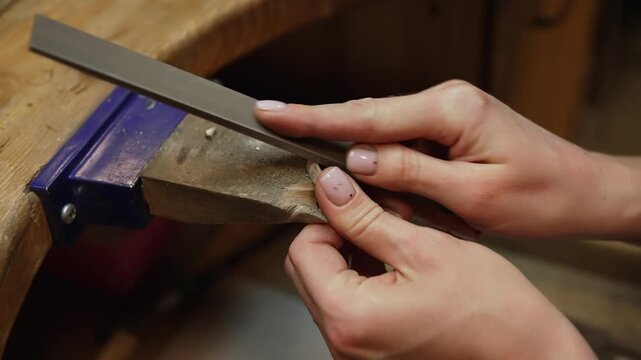 Professional jeweler filing silver ring on workbench.