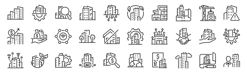 Set of 30 outline icons related to commercial buildings. Linear icon collection. Editable stroke. Vector illustration