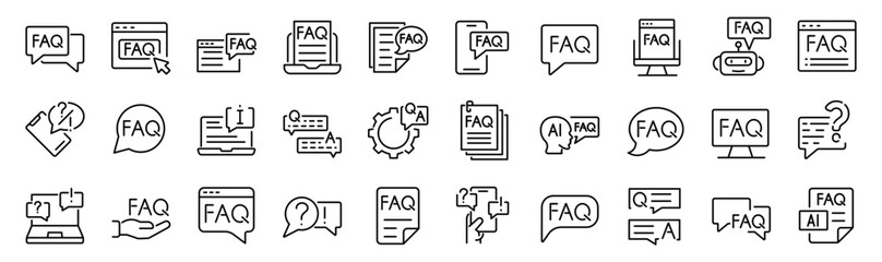 Set of 30 outline icons related to faq. Linear icon collection. Editable stroke. Vector illustration